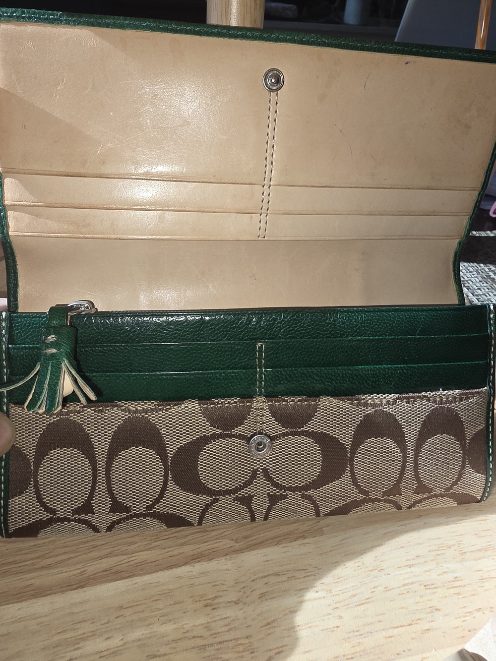 Coach Signature Canvas Bifold Long Wallet in Khaki with Teal & Green Suede - Picture 7 of 11